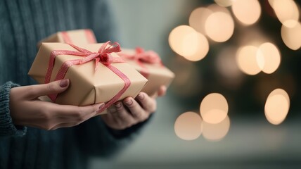 Person hands delicately holding festive holiday gifts wrapped in brown paper with red ribbons set against magical bokeh background symbolizing joy of giving