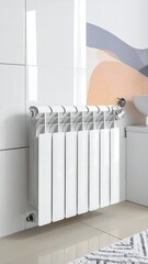 White radiator mounted on a tiled bathroom wall
