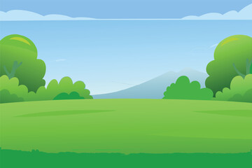 A bright and cheerful landscape with green fields mountains and blue skies