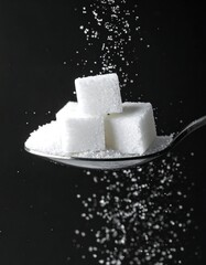 White sugar cubes on a spoon against a black background, with sugar crystals falling