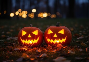 Obraz premium Two glowing jackolanterns carved with spooky faces sit on the ground covered in autumn leaves at dusk, with bokeh lights in the background