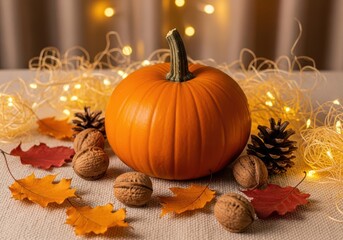 A vibrant orange pumpkin sits center stage surrounded by autumn leaves, pinecones, and twinkling fairy lights, evoking a cozy fall harvest atmosphere