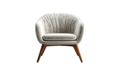 A light gray upholstered armchair with sculpted, pleated upholstery and wooden legs is displayed against a black backdrop.