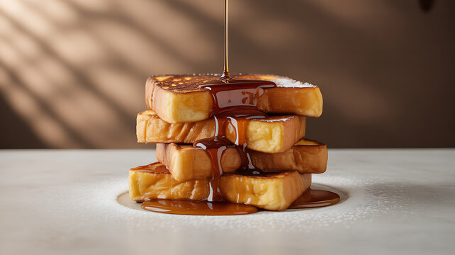 Stack of golden French toast being drizzled with syrup on a white surface