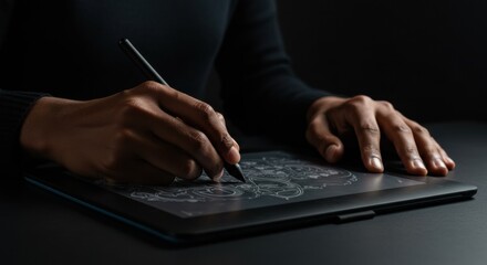 Creative digital in a studio artist engaging with drawing tablet dark environment perspective