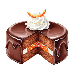 Watercolor Vector Illustration of Sacher Torte Chocolate Cake Slice with Cream on White Background
