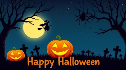Fototapeta premium Spooky halloween night with carved pumpkins and a full moon