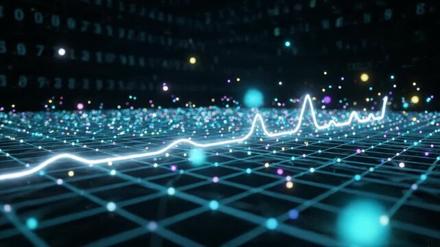 Digital Data Visualization: Glowing Line Graph on Grid with Binary Code