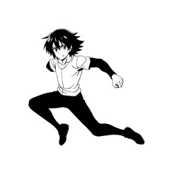 Black and white hot anime character line art illustration, stylish minimal outline drawing in clean style