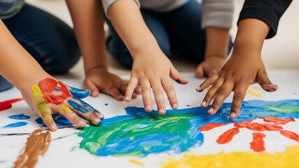Creative Collaboration: Children of diverse ethnicities joyfully create a vibrant painting together, their hands covered in colorful paint spreading across a large white canvas.