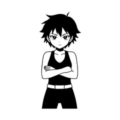 Black and white hot anime character line art illustration, stylish minimal outline drawing in clean style