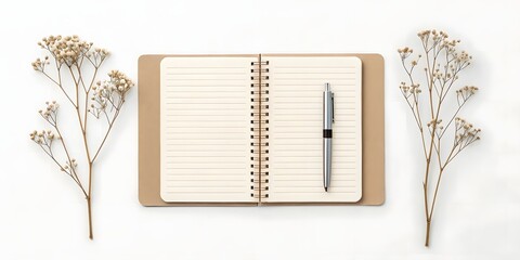 Aesthetic Flat Lay of Open Spiral Notebook, Pen, and Dried Flowers
