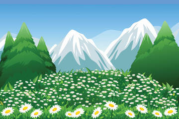 A vibrant meadow of wildflowers blooms before majestic snow capped mountains © MAYENUDDIN