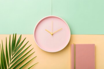 Minimalist Pastel Pink Clock and Planner on Bi-Color Background