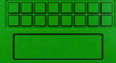 A bright lime green panel with sixteen square buttons and a large rectangular display area