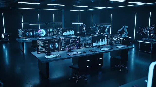 Advanced robotics and AI development lab with multiple computer screens showing data visualization in a futuristic high-tech command and control center