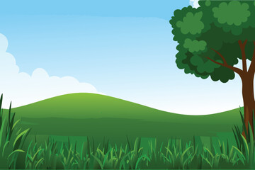 Obraz premium A peaceful landscape featuring a green hill tree and blue sky