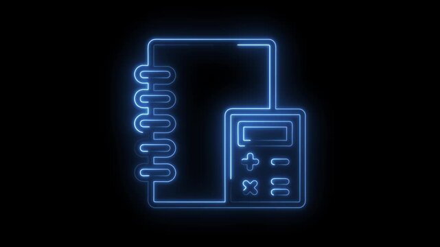 Glowing neon animation of notebook and calculator isolated on black background perfect for educational content - Powered by Adobe