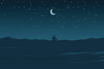 Fototapeta premium A dark navy silhouette of a ship sailing under a crescent moon