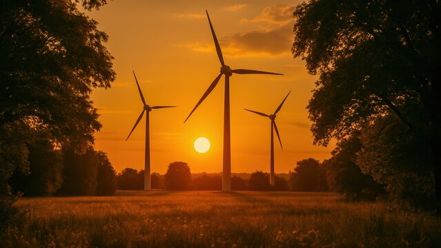 Wind energy in protected ecosystem creates peaceful sunset scene with wind turbines among trees and grassland in warm golden light - Powered by Adobe