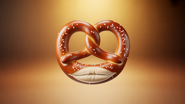 A close-up of a golden-brown pretzel with salt crystals, featuring a smiling face formed by its shape and a bite taken out of it, set against a warm gradient background.