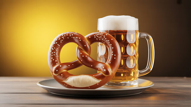 A pretzel and a mug of beer on a wooden table with a warm background