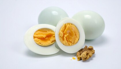 Two whole and two halved pale green eggs with a walnut