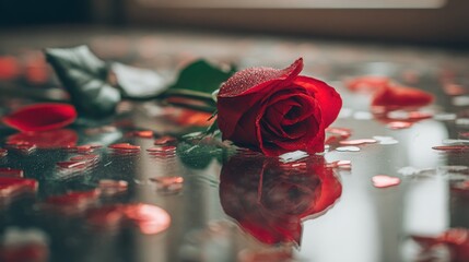 Stunning Red Rose with Water Drops on Reflective Surface Decor