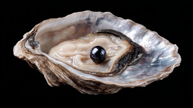 Beautiful oyster shell with lustrous black pearl on a dark background