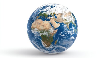 Fototapeta premium A globe with a blue ocean and green landmasses, representing the Earth, with a white background.