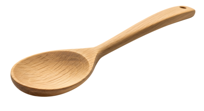 Wooden cooking spoon with grain detail isolated on a transparent background