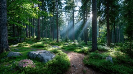 Obraz premium Cinematic Forest Morning Sunbeam Through Tall Trees and Foliage with Stone and Floral Accents