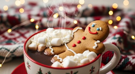 Gingerbread Man Hot Chocolate Mug, Marshmallows, Christmas Lights