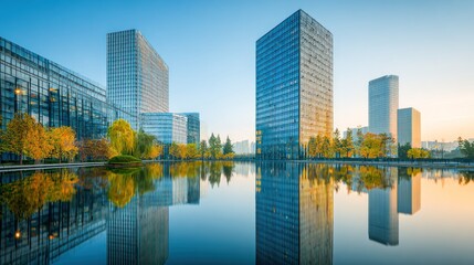Naklejka premium Modern office buildings with glass facades and reflective water feature.