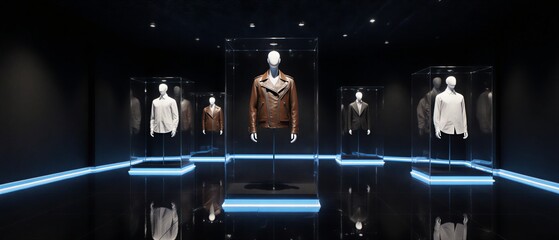 holographic jacket presentation in a futuristic and minimalist retail store | fashion, technology, retail, minimalism, future theme