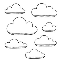Minimal hand drawn cloud icons with simple outline and striped shading