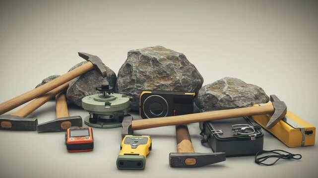 Geological Exploration Tools and Rock Samples Arranged in Studio Shot Composition
