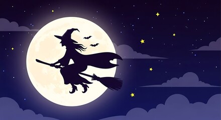 Silhouette of a witch on a broomstick flying across a full moon in a starry night sky with bats.