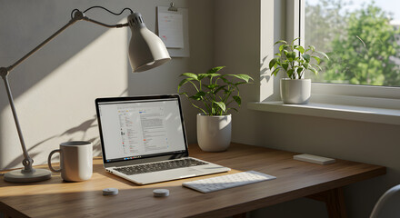 A clean, minimalistic home office setup with a laptop on a wooden desk, natural lighting from a window