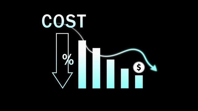 Cost reduction graph with downward arrow and dollar sign indicating financial decrease and savings chart
