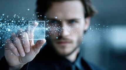 Cinematic Businessman with Hologram in Blurred Background Touching Digital Display with Blue Light and Particles