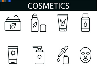 Cosmetics Icon Set – Vector Illustrations of Skincare Tubes, Natural Creams, Serums, Sunscreen, and Facial Treatments for Beauty, Wellness, and Organic Product Platforms
