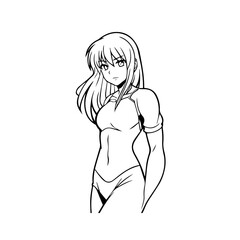 Black and white hot anime character line art illustration, stylish minimal outline drawing in clean style