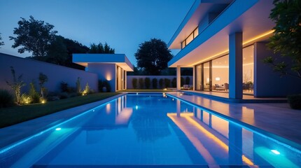 Fototapeta premium Modern Luxury Villa with Illuminated Swimming Pool at Dusk.
