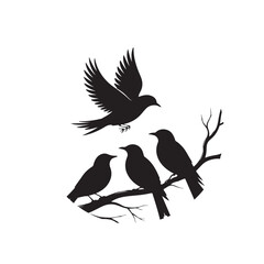Bird Silhouettes Perched on Branch with Flying Bird