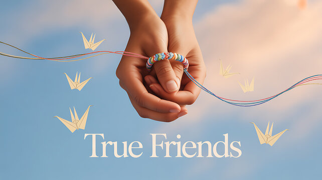 Two hands holding each other with colorful string tied around fingers, surrounded by paper cranes against a sky background.