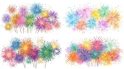 Four clusters of colorful, abstract explosions reminiscent of celebratory pyrotechnics