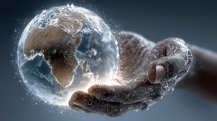 Hands holding glowing holographic Earth with neon charts and eco icons floating around on futuristic dark blue background.