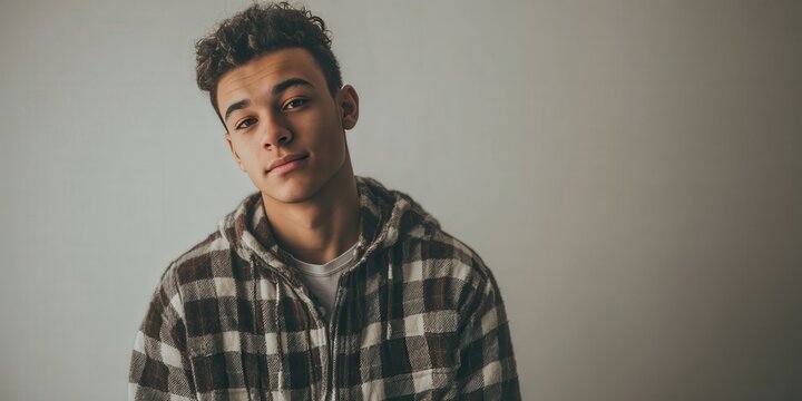Casual Portrait of a Young Man in a Checkered Hoodie Against a Neutral Background