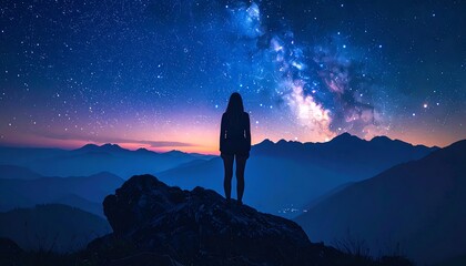 Silhouette woman on mountaintop, starlit sky